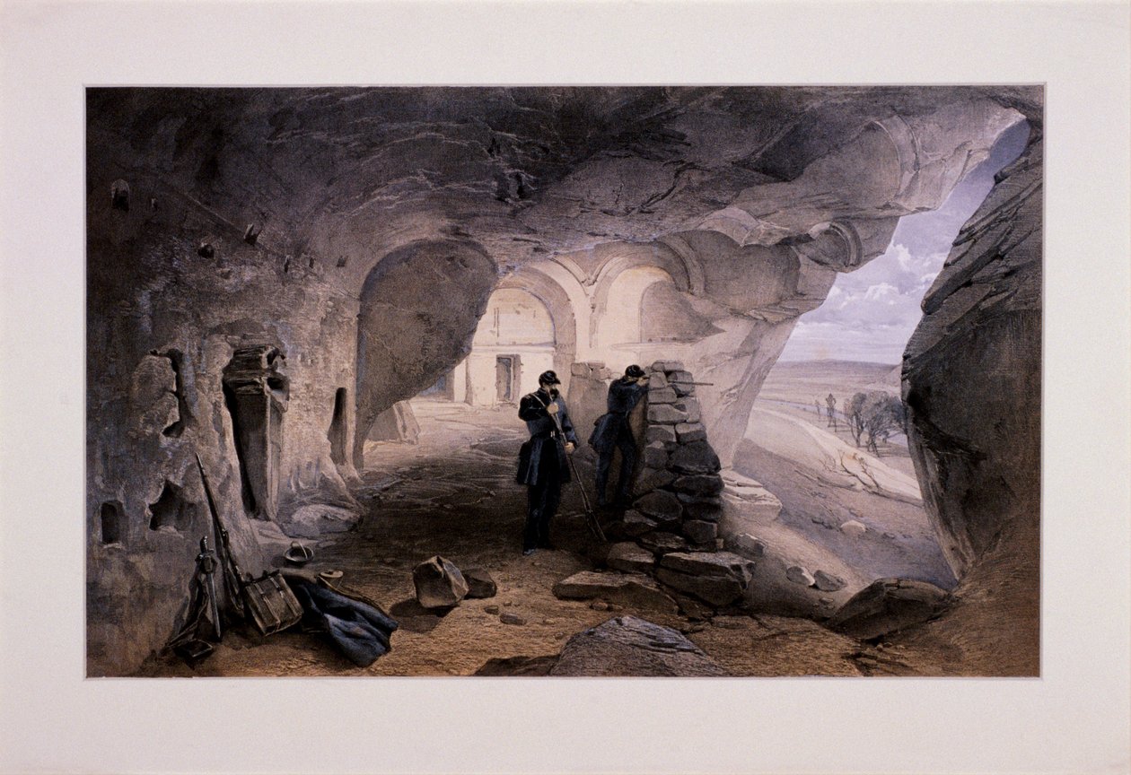 „Wykopany kościół w pieczarach w Inkermann patrząc na zachód”, Krym, Ukraina, 1855 autorstwa Day and Son