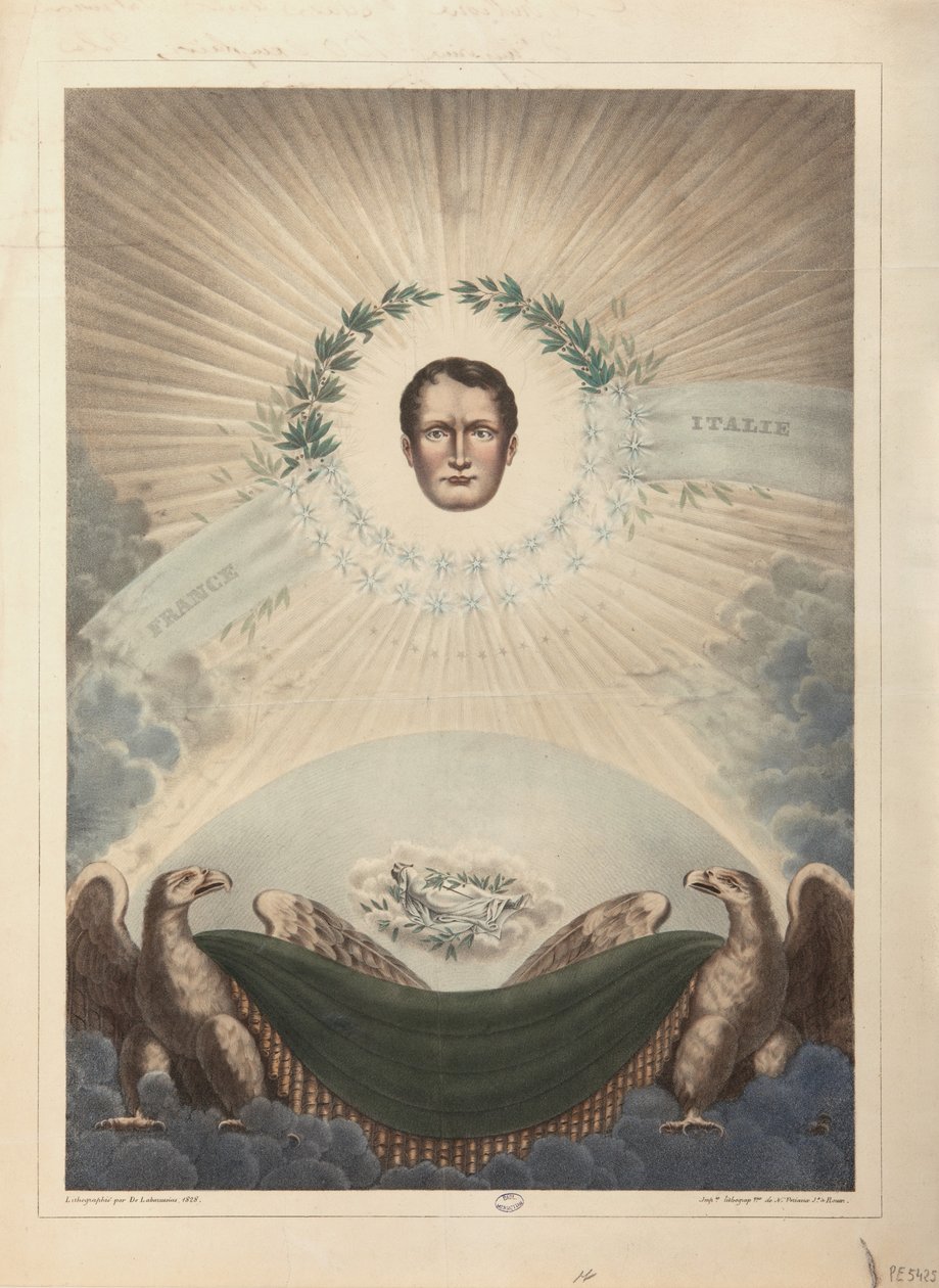 Alegoria Napoleona otoczona wieńcem laurowym i gwiazdą, a poniżej Napoleon po śmierci owinięty w całun, 1828 autorstwa De Labarussias