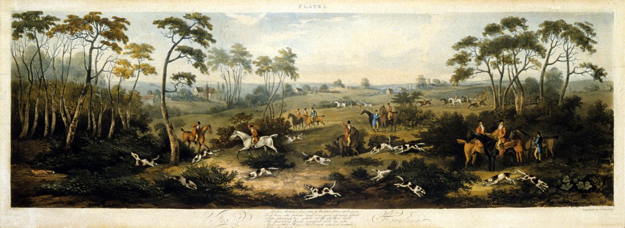 Polowanie na lisy, tablica 1, ryt Thomas Sutherland (1785-1838) 1817 (kolor lito) autorstwa Dean Snr. (after) Wolstenholme