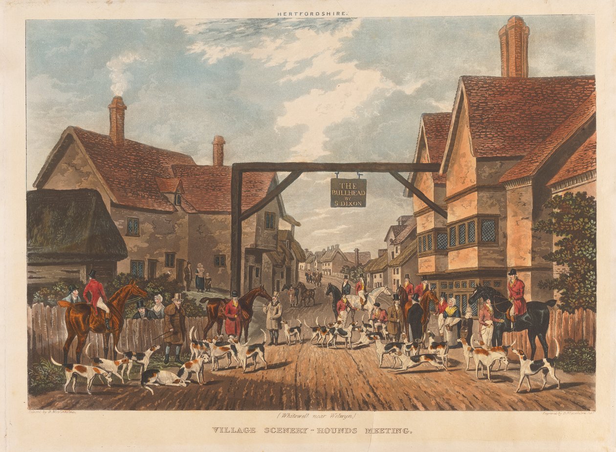 [Polowanie na lisy] zestaw czterech: Hertfordshire. 1. (Whitewell niedaleko Welwyn) / Wiejska sceneria - spotkanie psów gończych autorstwa Dean Wolstenholme