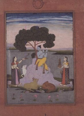 BL kat. nr 428, z albumu Johnsona nr. 20 pkt 3, Kriszna bawiący się z dwoma gopi, Hyderabad, ok. 1770 (gwasz ze złotą, różowo zabarwioną obwódką) autorstwa Deccani School