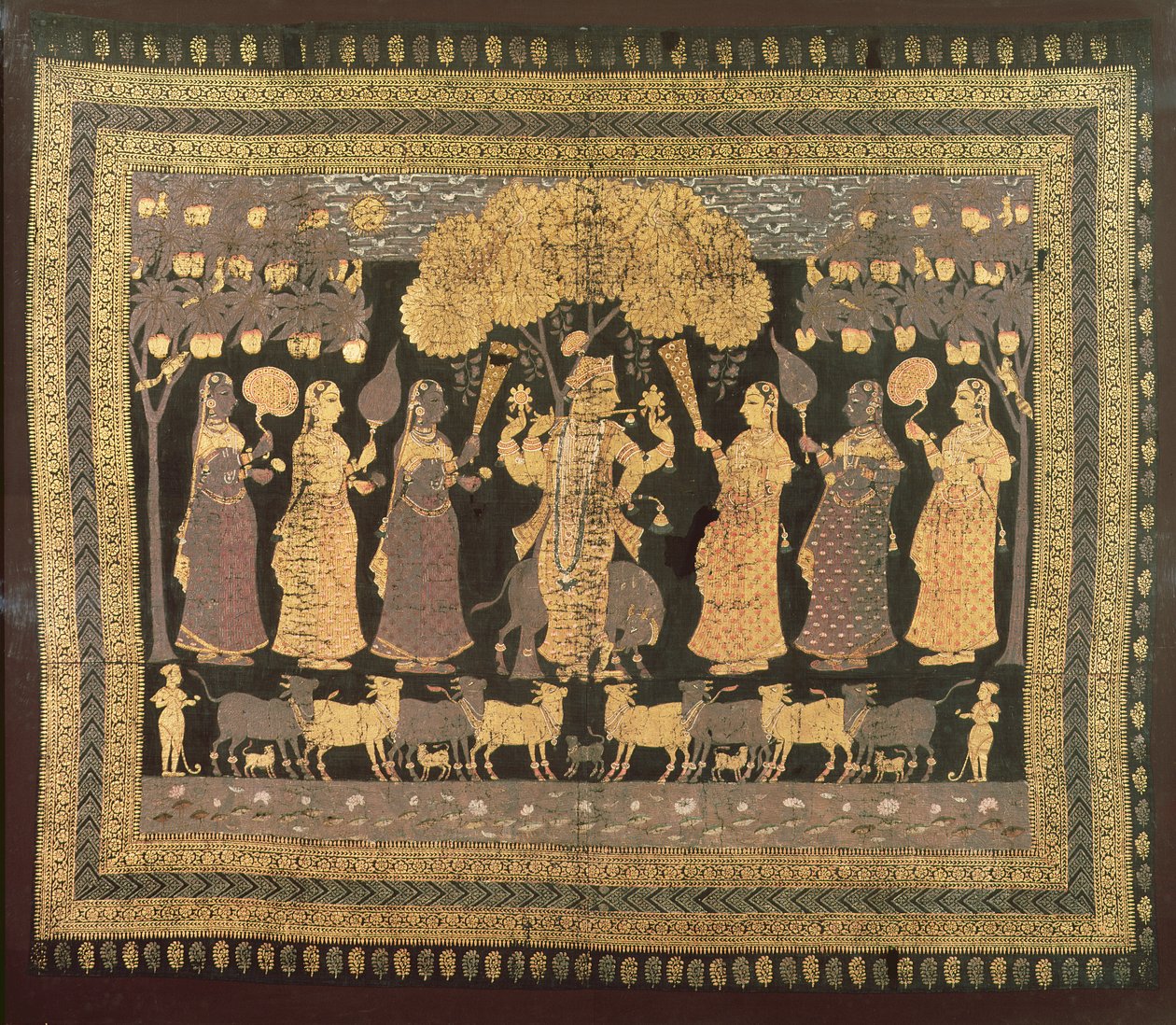 Krishna i jego Gopi (nieprzezroczysta akwarela, złoto i srebro na barwionej bawełnie) autorstwa Deccani School