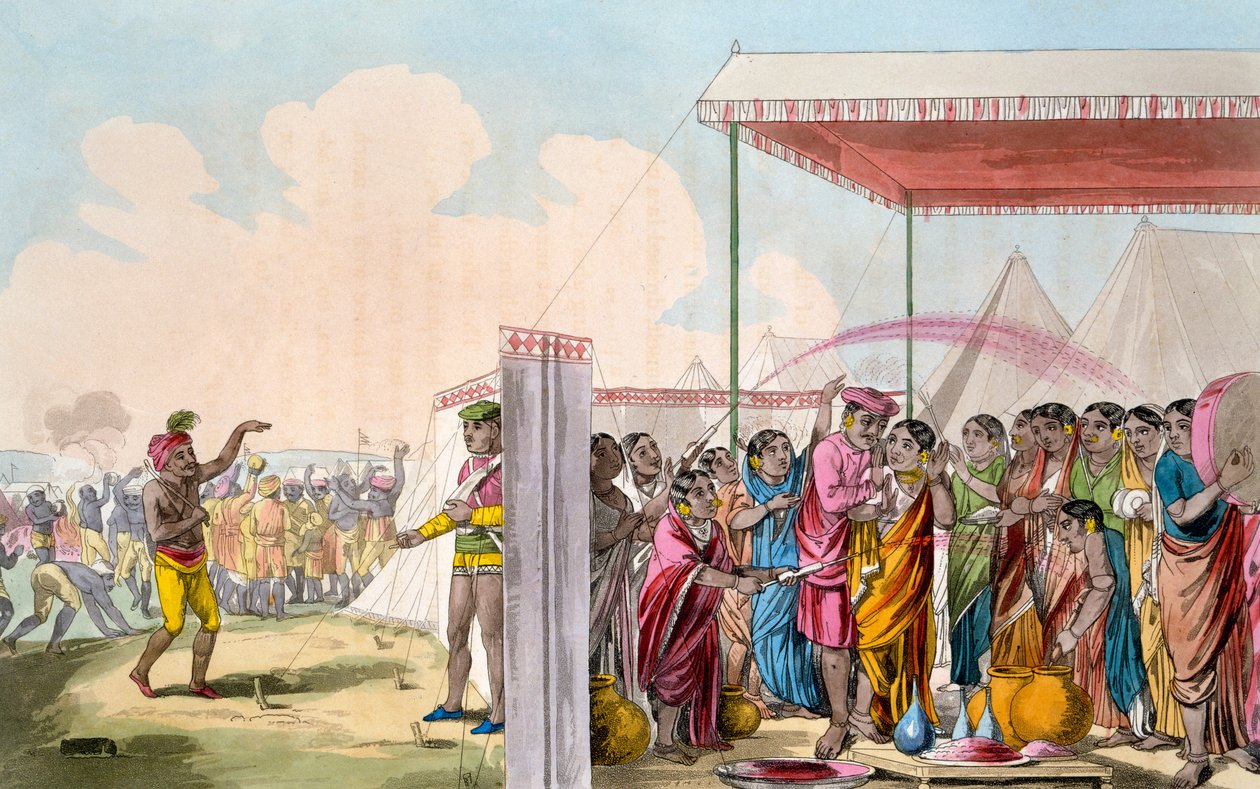 Gra na Hohlee, z „Strój, charakter, maniery, zwyczaje domowe i ceremonie religijne Mahrattów” T. D. Broughtona, akwaforta Baxtera, 1813 autorstwa Deen Alee