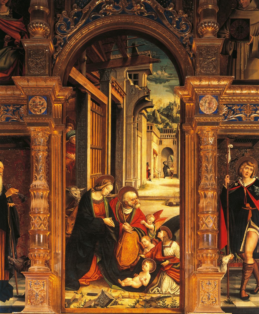 Szopka, fragment ołtarza z XVI wieku, Defendente Ferrari (1480 lub 1485-1540), opactwo św. Antoniego z Ranverso, Buttigliera Alta, Włochy autorstwa Defendente Ferrari