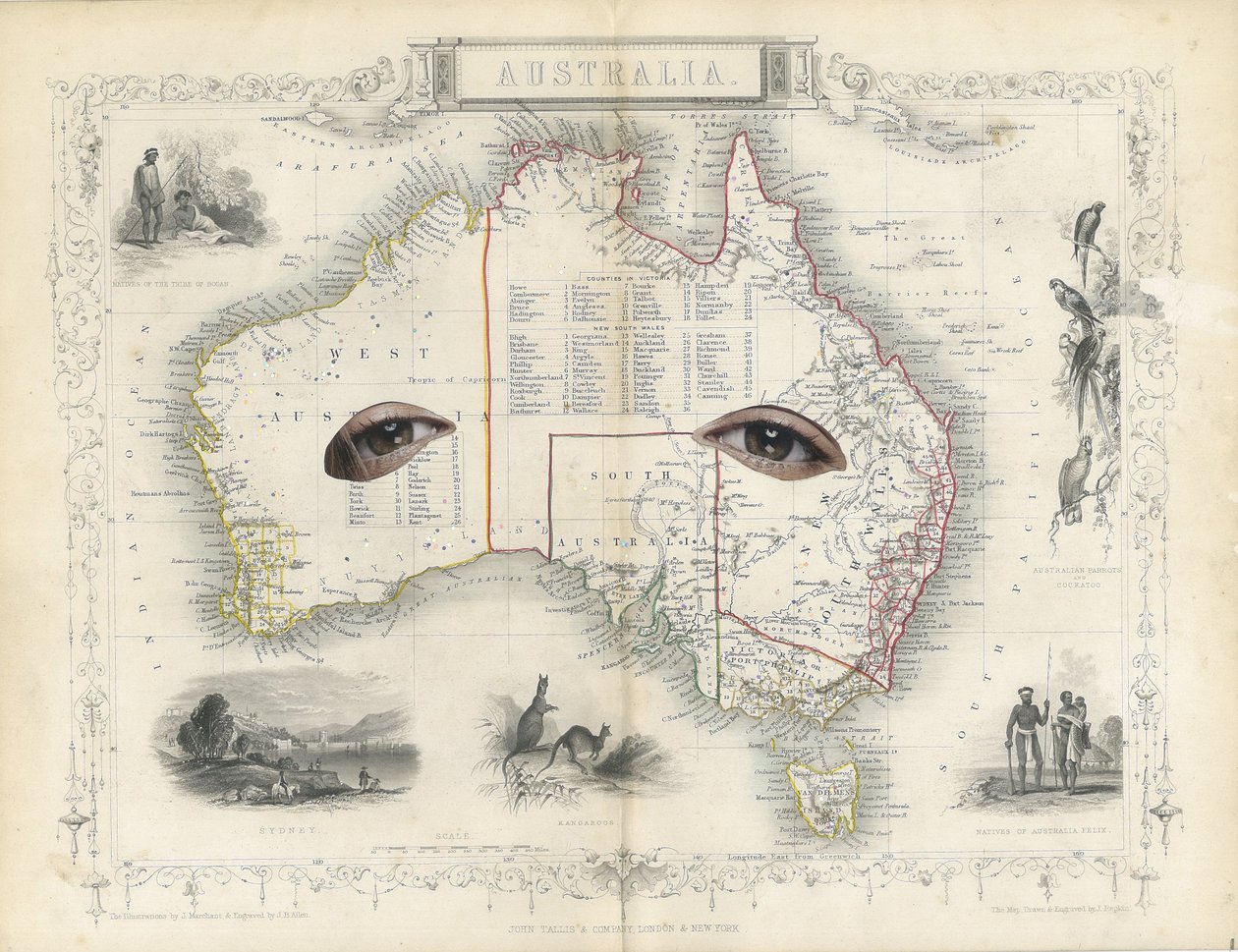 Kolonialny - Australia, 2017 (kolaż wycięty z papieru) autorstwa Deirdre Kelly