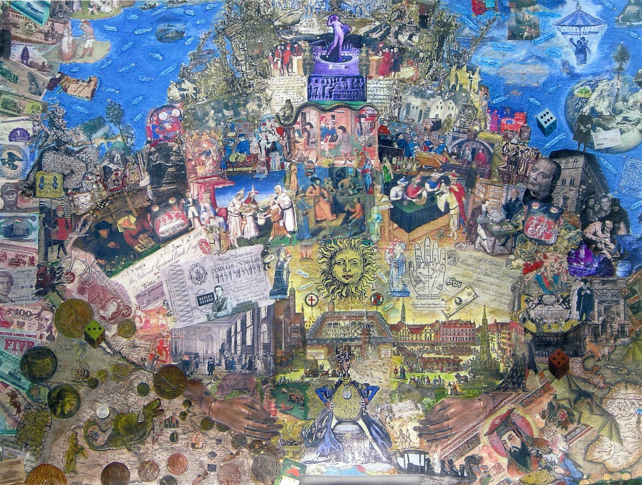 Śmierć kredytu, 2010 (kolaż i technika mieszana na płótnie) autorstwa Deirdre Kelly