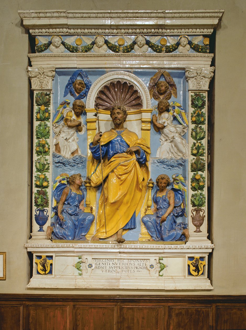 Chrystus na tronie z aniołami, płaskorzeźba (ceramika glazurowana cyną) autorstwa Luca Della Robbia