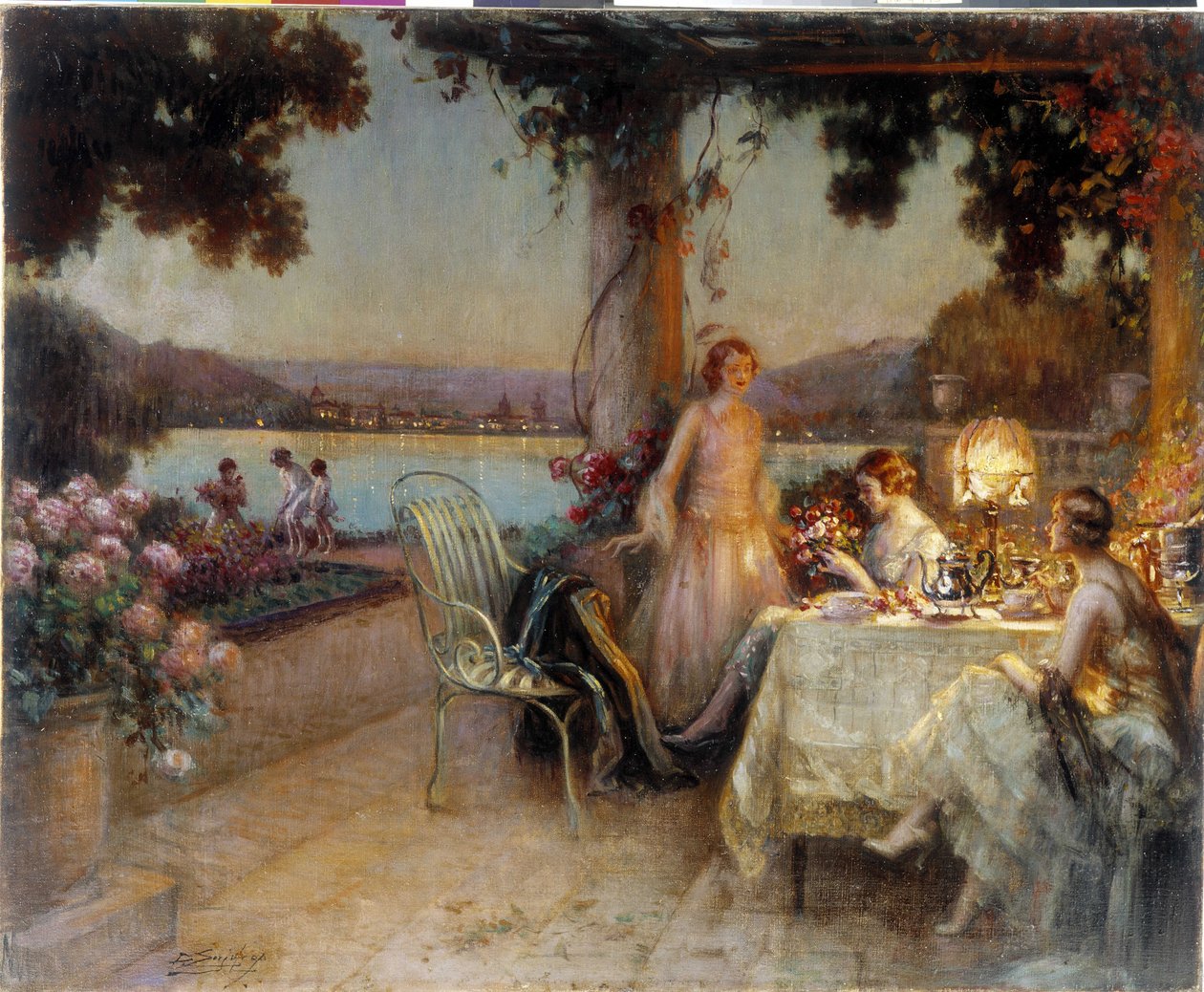Wieczorem na tarasie. Obraz Delphina Enjolrasa (1857-1945), Wzmianka obowiązkowa: Kolekcja fundacja pozdrawia de Provence. Marsylia (cm 57x73) DR autorstwa Delphin Enjolras