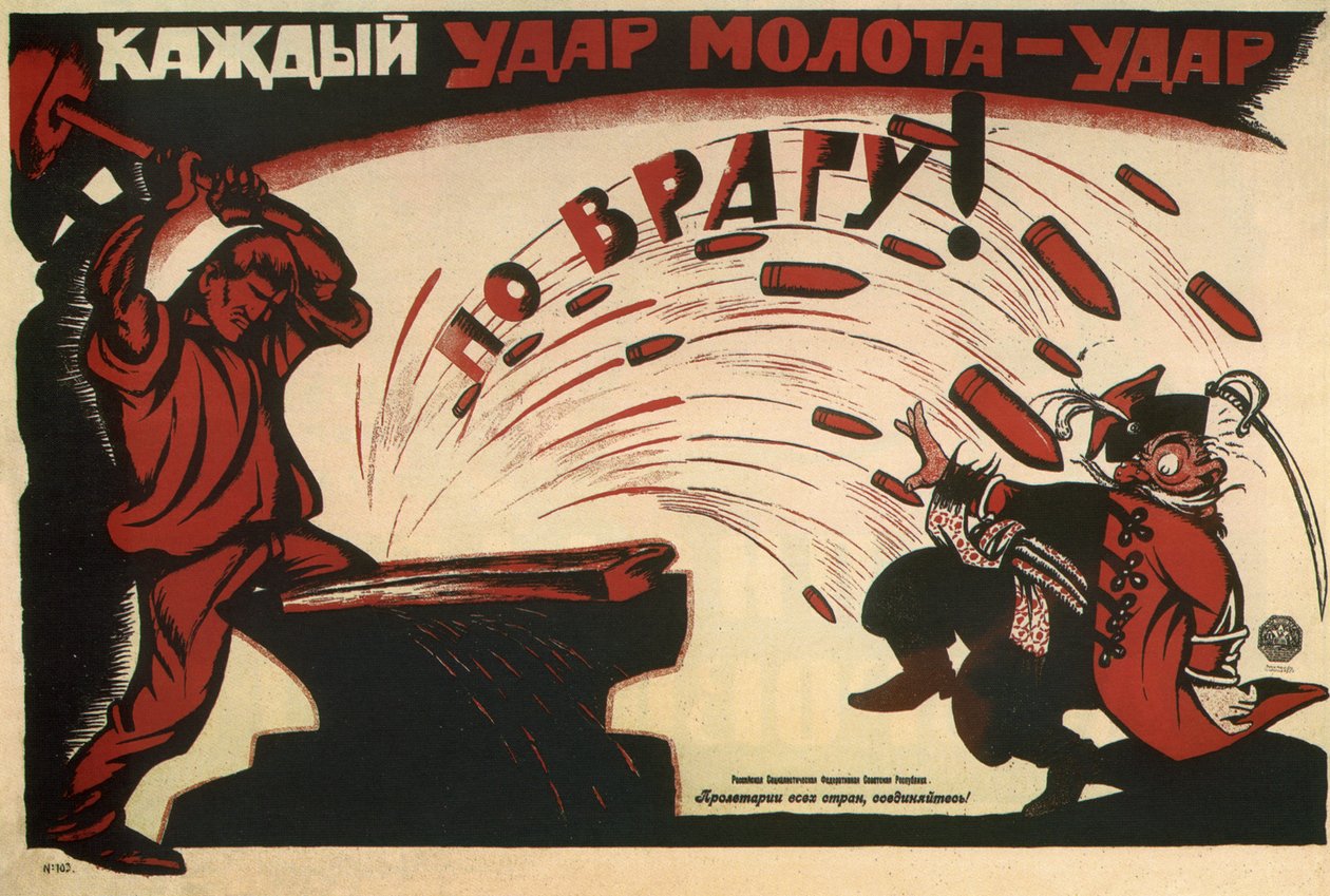 Każde uderzenie młotkiem jest ciosem dla wroga! Plakat, 1920 autorstwa Deni