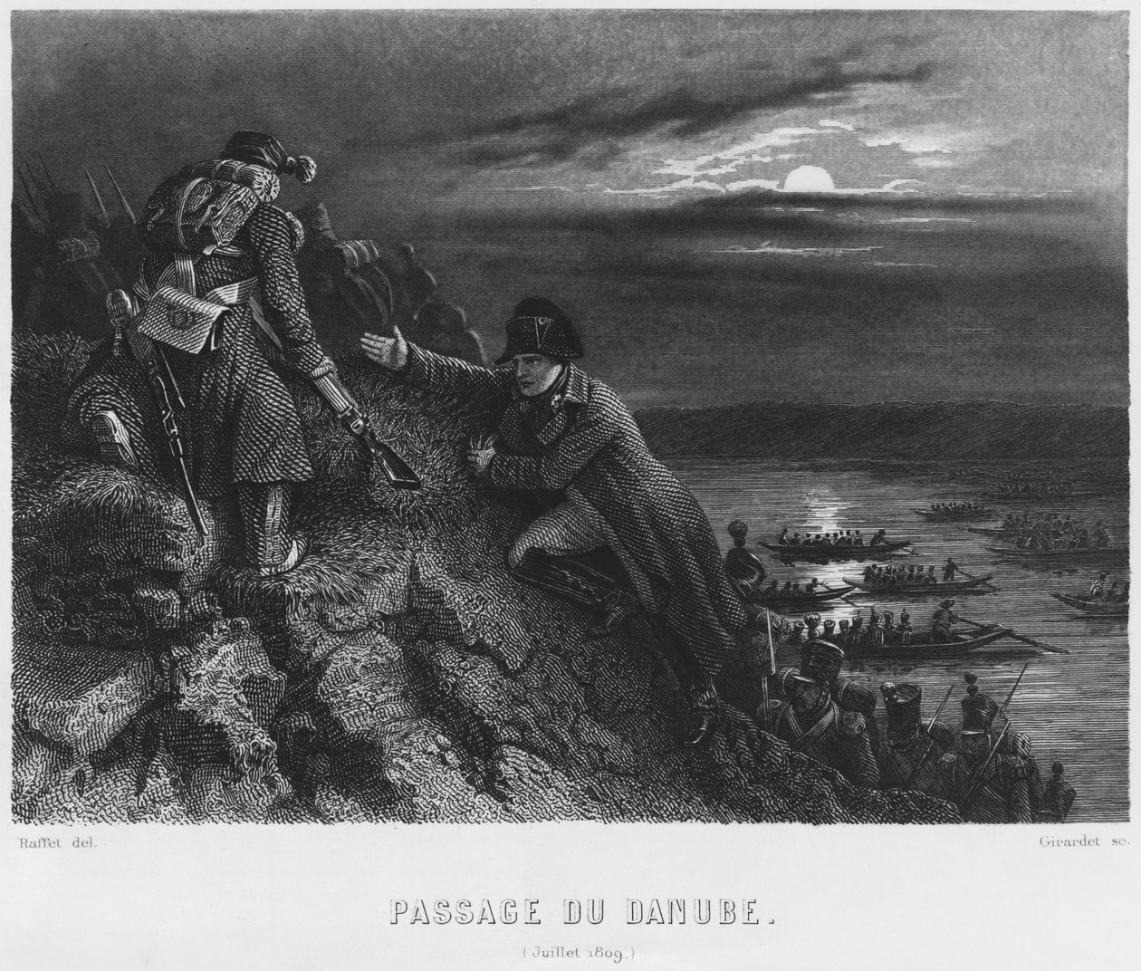 Napoleon I Bonaparte (1769-1821) przekraczający Dunaj nocą 4 lipca 1809 r., ryty przez Abrahama Girardeta (1764-1823) autorstwa Denis Auguste Marie Raffet
