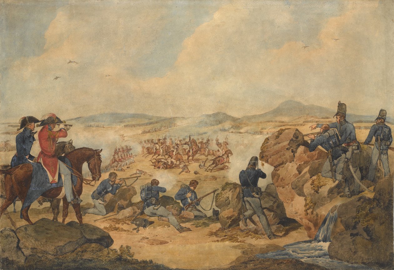 Akcja podczas wojny na półwyspie, w której strzelcy z 95 Pułku Strzelców pełnili rolę snajperów, ok. 1810 r. autorstwa Denis Dighton