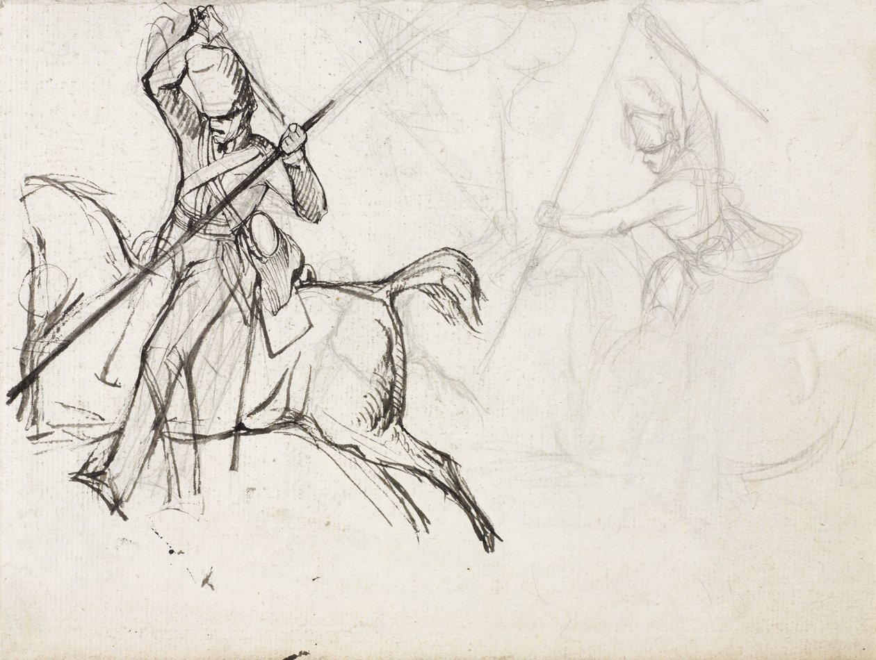 Studia do postaci sierżanta Ewarta, Scots Greys, do obrazu przedstawiającego schwytanie przez niego francuskiego orła w bitwie pod Waterloo, 1815, ok. 1817 (ołówek i atrament na papierze) autorstwa Denis Dighton