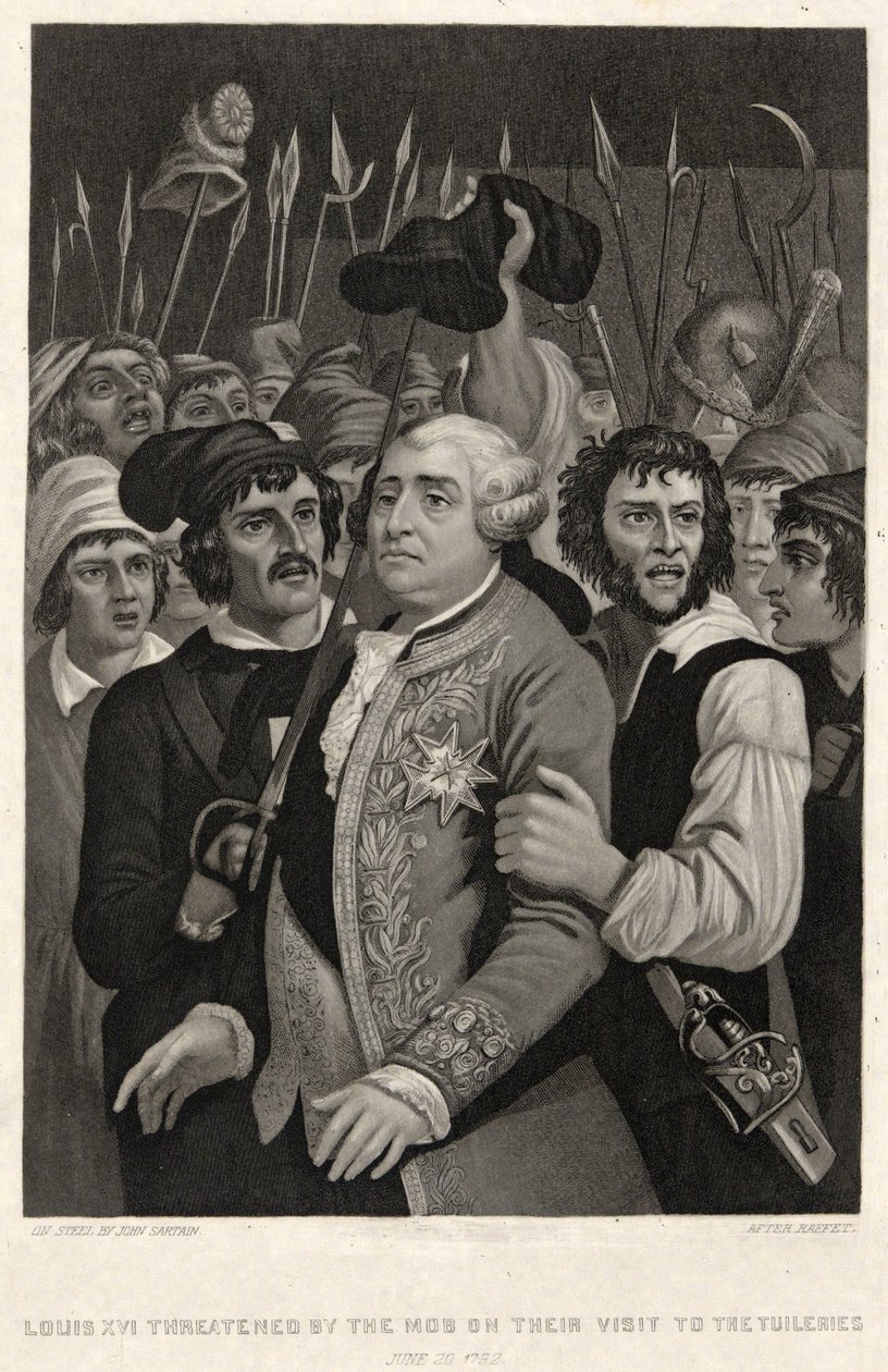 Ludwik XVI zagrożony przez tłum podczas wizyty w Tuileries, 20 czerwca 1792, rycina John Sartain (rycina) autorstwa Denis Auguste Marie (after) Raffet