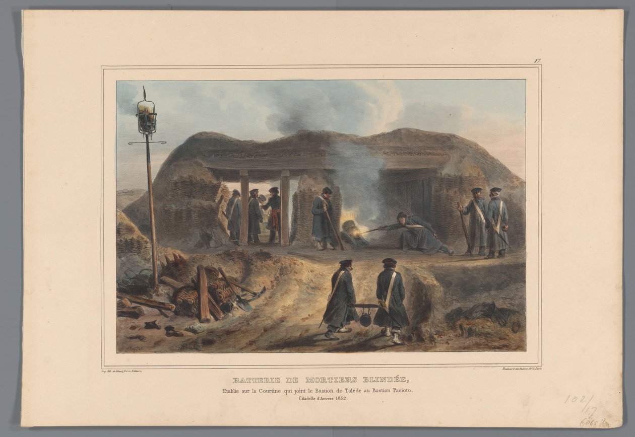 Moździerz Afschieten van een, 1832 Bateria moździerzy pancernych, założona na dworze łączącym Bastion Toledo z Bastionem Pacioto (tytuł na obiekcie) Rysunki wykonane z życia podczas oblężenia Cytadeli w Antwerpii przez Raffeta (tytuł serii na obiekcie) autorstwa Denis Auguste Marie Raffet