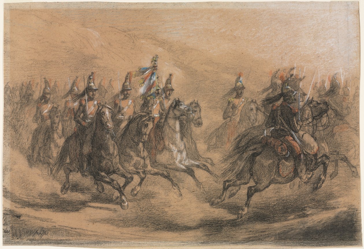 Szarża kawalerii, ok. 1840 r. (czarna, czerwona, żółta, niebieska i biała kreda) autorstwa Denis Auguste Marie Raffet