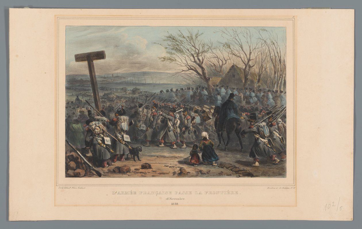francuski leger rukt op, 1832 Armia francuska przekracza granicę (tytuł na obiekcie) Rysunki wykonane z życia podczas oblężenia Cytadeli w Antwerpii przez Raffeta (tytuł serii na obiekcie) autorstwa Denis Auguste Marie Raffet