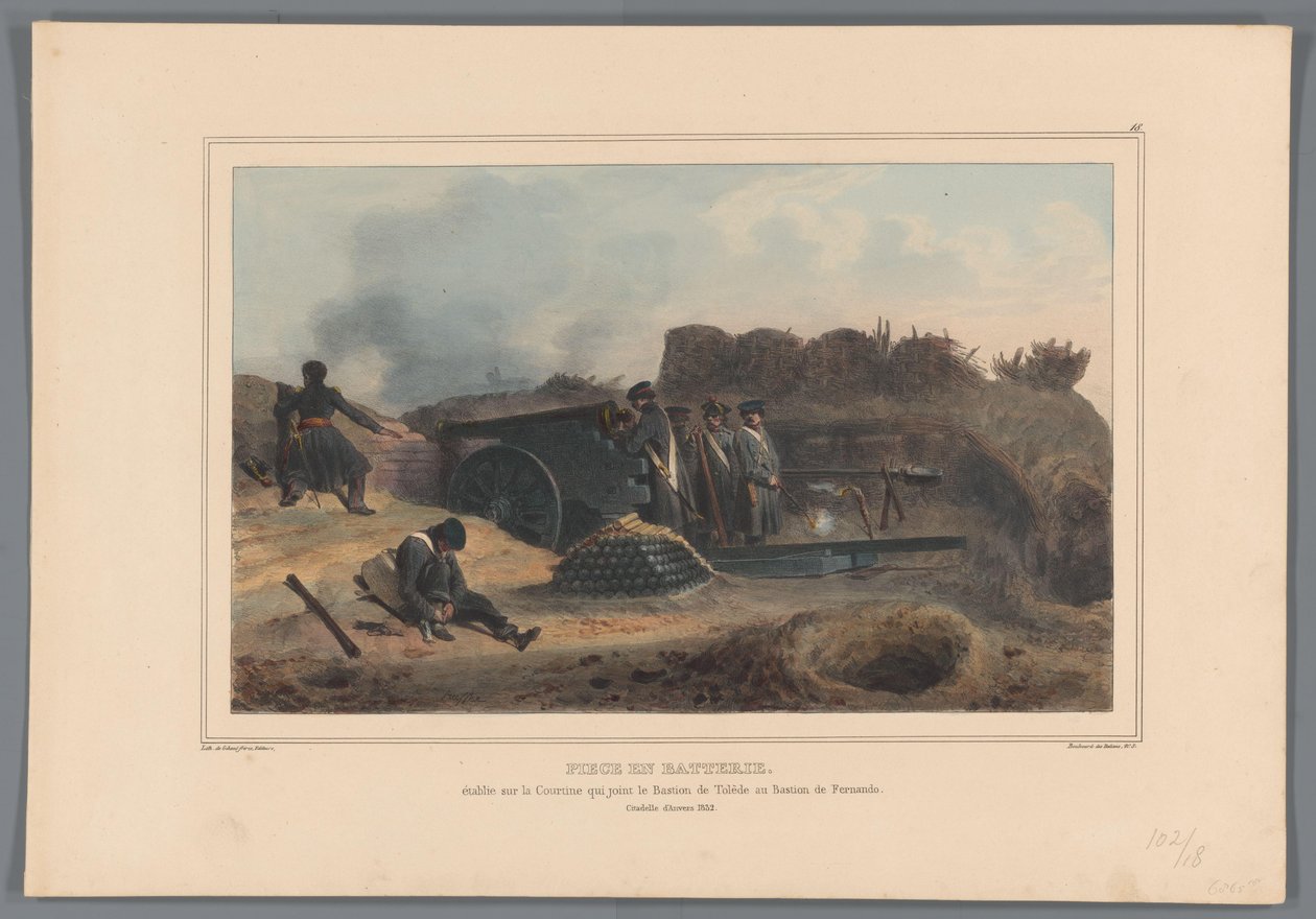 Geschut w akcji, 1832 Kawałek baterii, założony na Courtine, która łączy Bastion Toledo z Bastionem Fernando (tytuł na obiekcie) Rysunki wykonane z życia podczas oblężenia Cytadeli w Antwerpii przez Raffeta (tytuł serii na obiekcie) autorstwa Denis Auguste Marie Raffet
