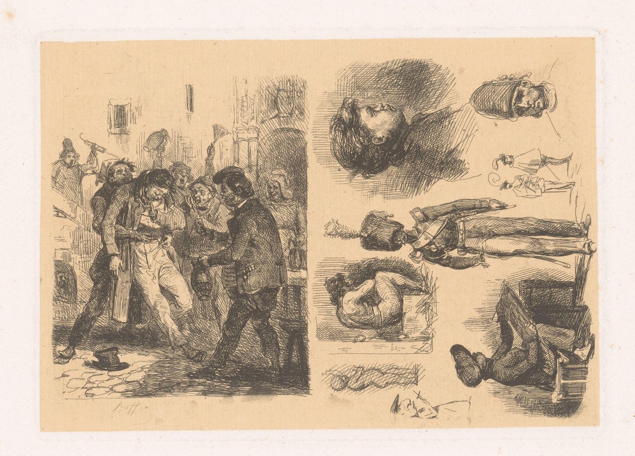 Grupa mężczyzn, obok kompozycja z żołnierzem kruchy; Sceny Rewolucji autorstwa Denis Auguste Marie Raffet