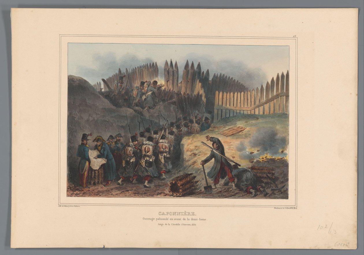 Grupa żołnierzy wędrowała po otwarciu drzwi w de palisade, 1832 r. Kaponier, praca palisadowa przed półksiężycem (tytuł na obiekcie) Rysunki wykonane z życia podczas oblężenia Cytadeli w Antwerpii przez Raffeta (tytuł serii na obiekcie) autorstwa Denis Auguste Marie Raffet