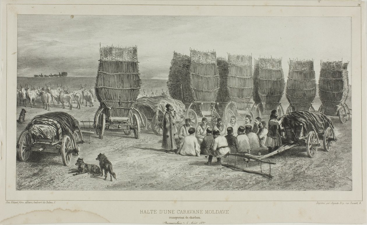 Miejsce postoju mołdawskiej karawany przewożącej węgiel, Besarabia, 5 sierpnia 1837 r. autorstwa Denis Auguste Marie Raffet