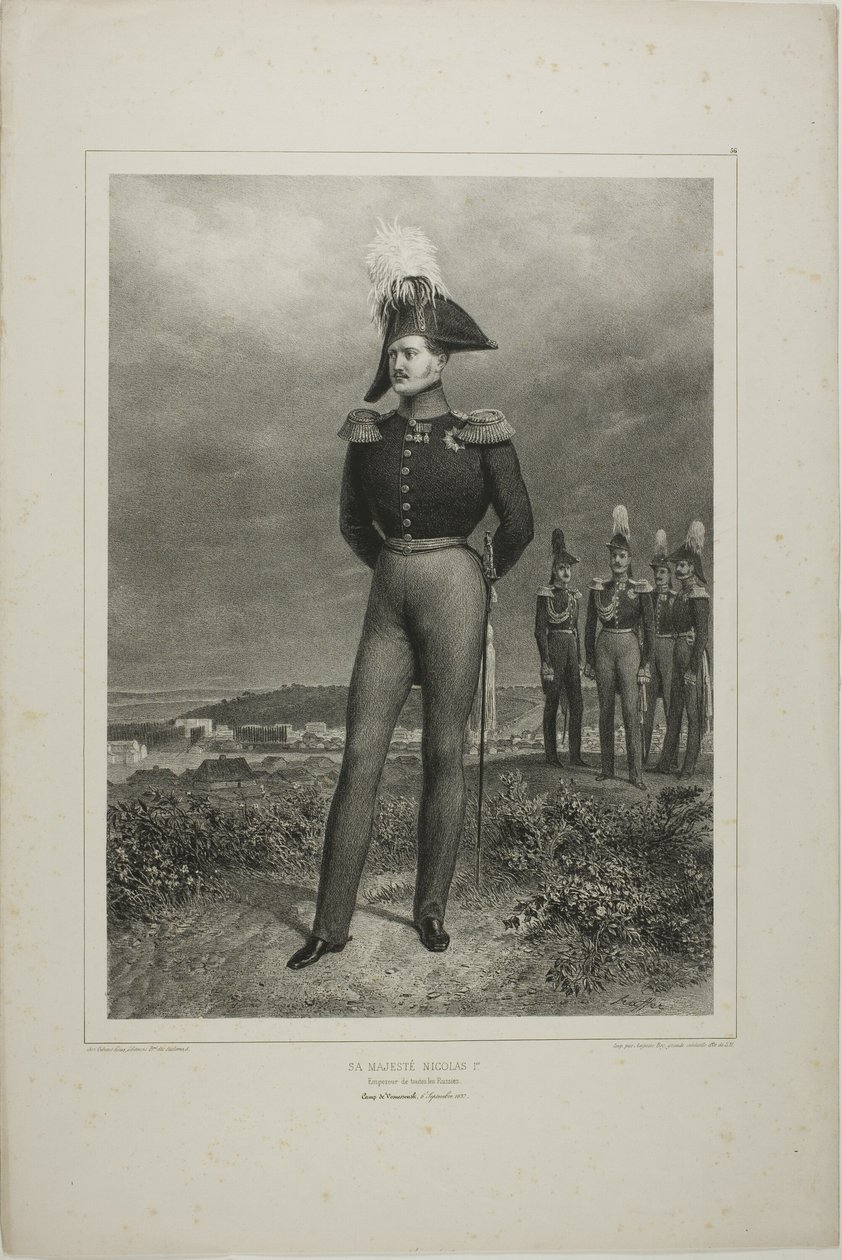 Jego Wysokość Mikołaj I, Cesarz Wszechrosji, obóz w Wosnessensku, 6 października 1837 r. autorstwa Denis Auguste Marie Raffet
