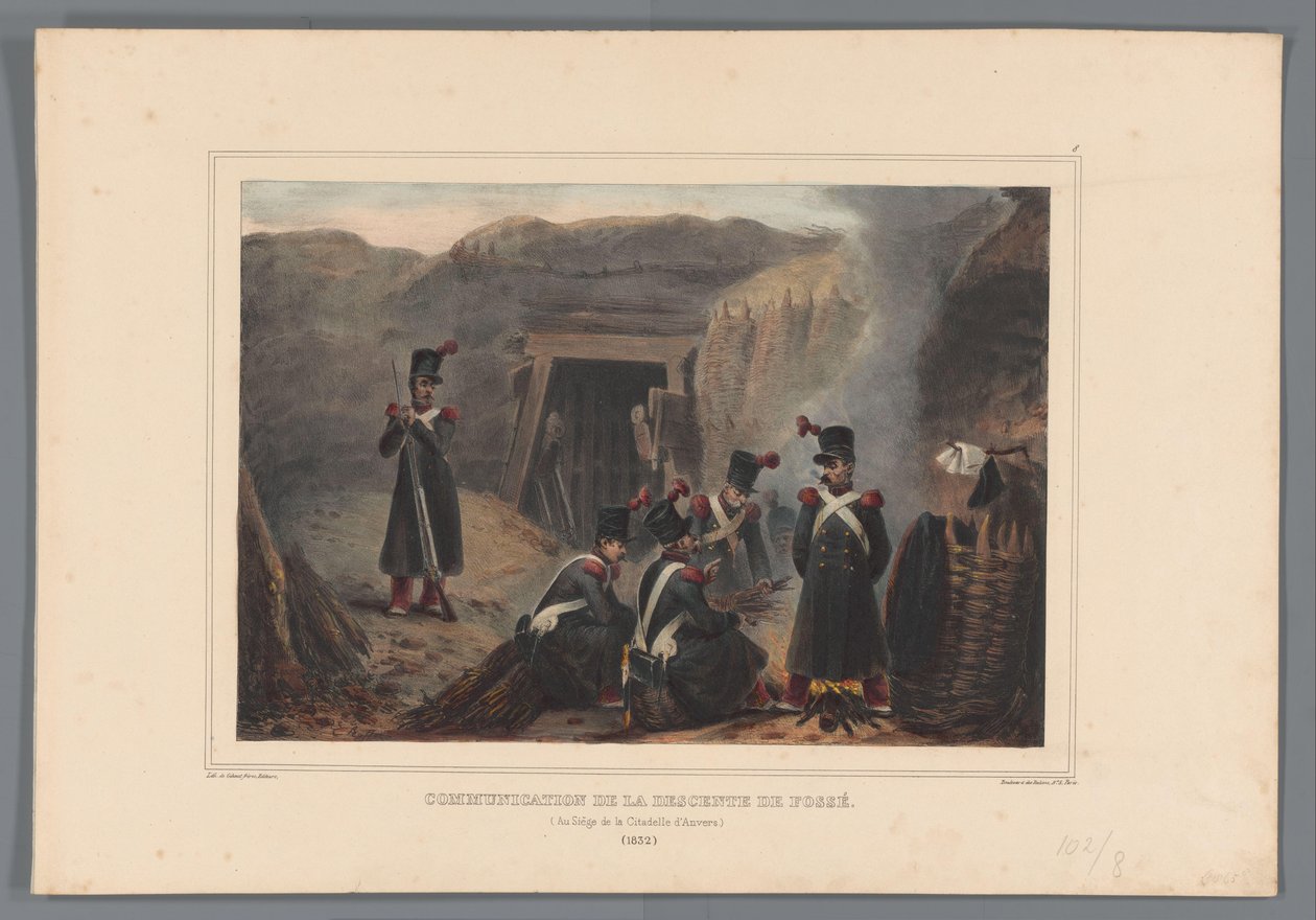 Wojskowy bij een mijngang, 1832 Komunikacja zejścia z rowu (tytuł na obiekcie) Rysunki wykonane z życia podczas oblężenia Cytadeli w Antwerpii przez Raffeta (tytuł serii na obiekcie) autorstwa Denis Auguste Marie Raffet