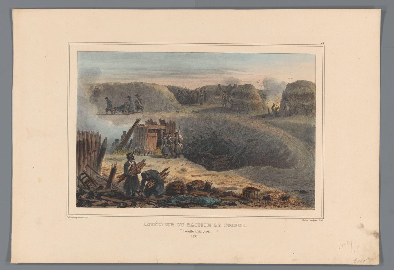 Militairten binnen een bastion, 1832 Wnętrze Bastionu Toledo (tytuł na obiekcie) Rysunki wykonane z życia podczas oblężenia Cytadeli w Antwerpii przez Raffeta (tytuł serii na obiekcie) autorstwa Denis Auguste Marie Raffet