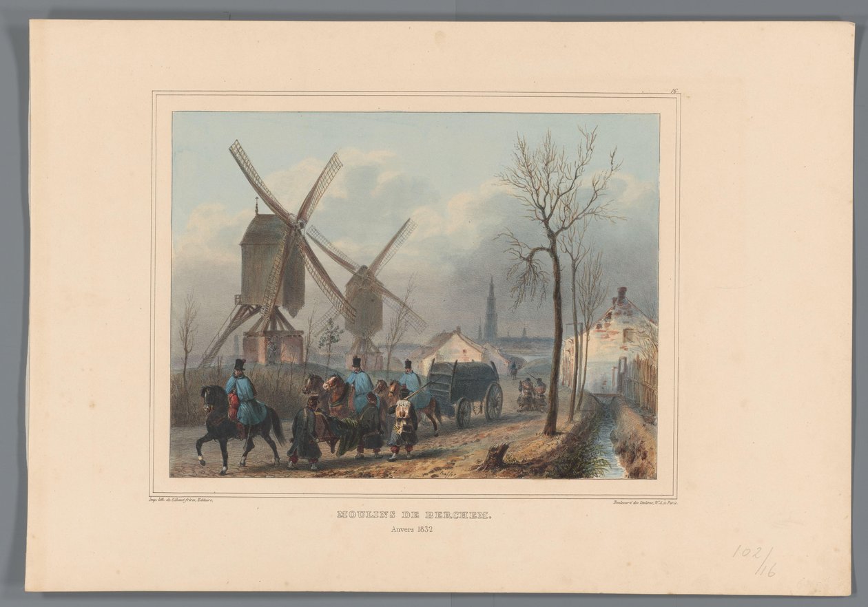 Molensa van Berchema, 1832 r. Wiatraki Berchem (tytuł na obiekcie) Rysunki wykonane z natury podczas oblężenia Cytadeli w Antwerpii autorstwa Raffeta (tytuł serii na obiekcie) autorstwa Denis Auguste Marie Raffet