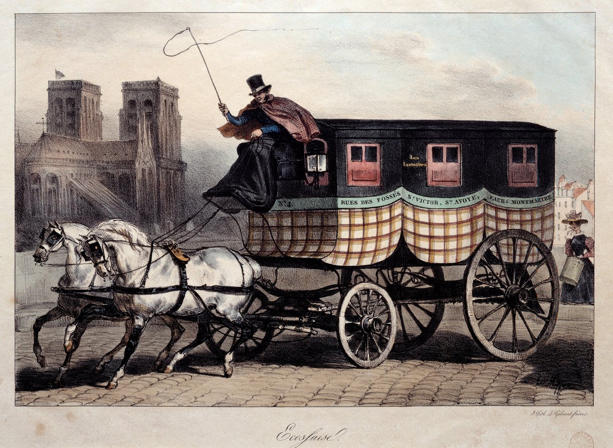 Transport paryski: omnibus znany jako „szkocka” litografia autorstwa Denisa Auguste Raffeta (1804-1860) XIX-wieczny Paryż, Musee Carnavalet autorstwa Denis Auguste Marie Raffet
