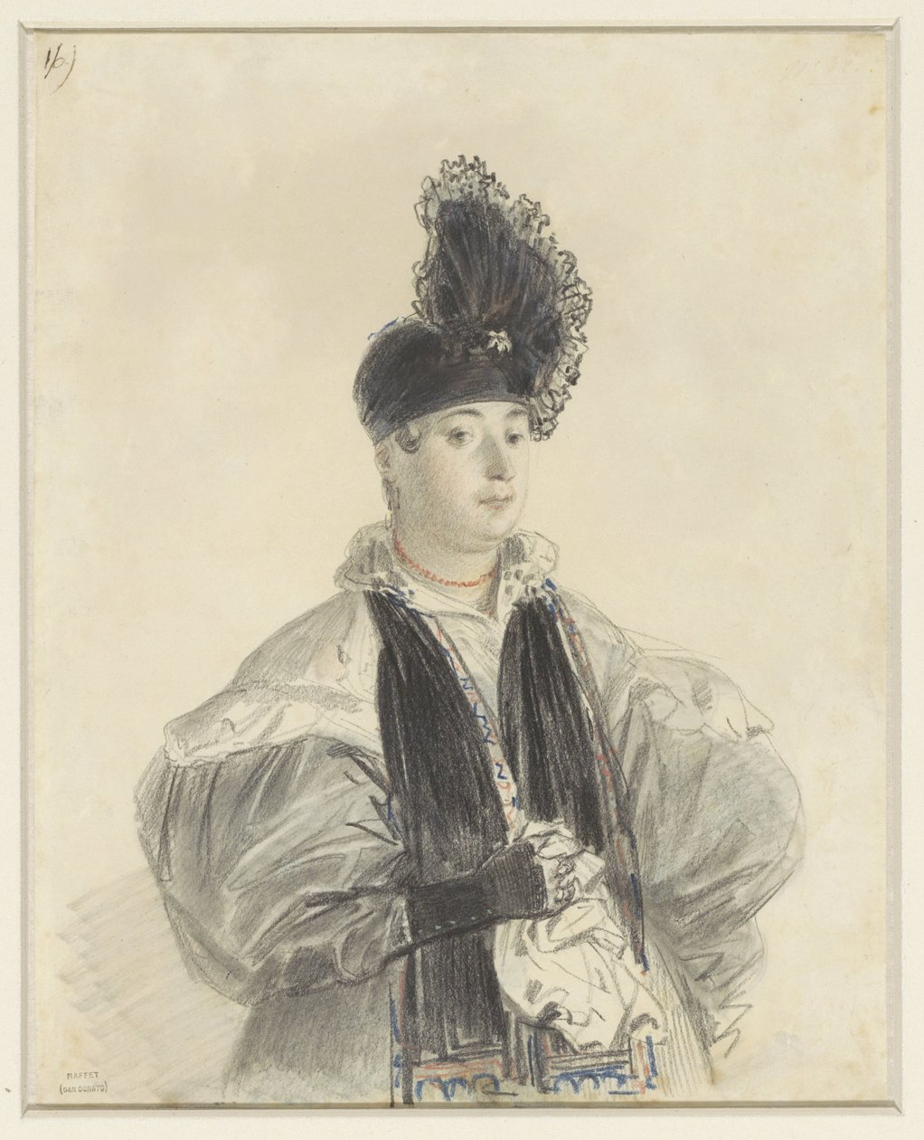 Portret stojącej damy w czarnym szaliku i czarnym kapeluszu autorstwa Denis Auguste Marie Raffet