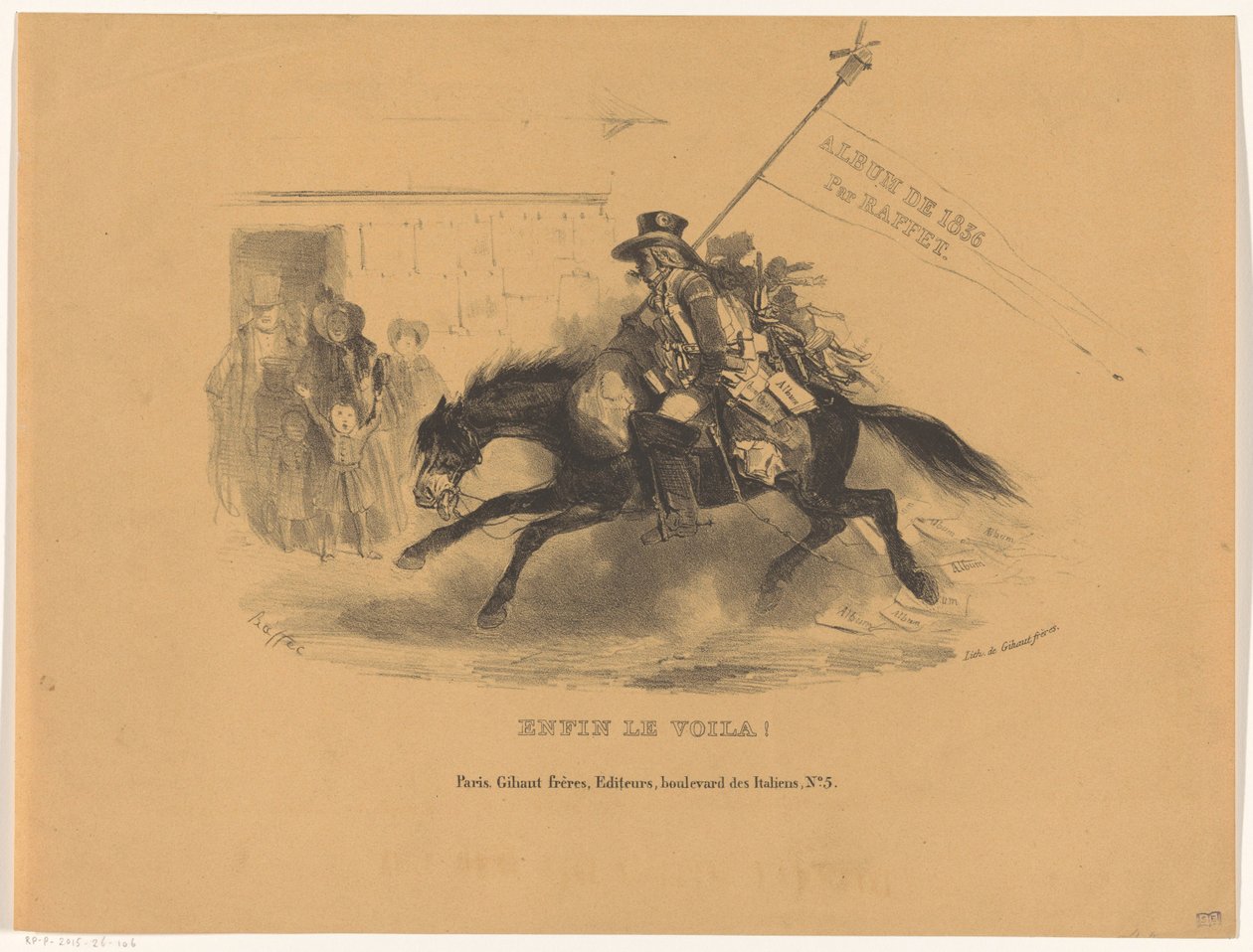 Postillion na koniu Wreszcie le voila! (tytuł na obiekcie) Album de 1836 (tytuł serii na obiekcie) autorstwa Denis Auguste Marie Raffet
