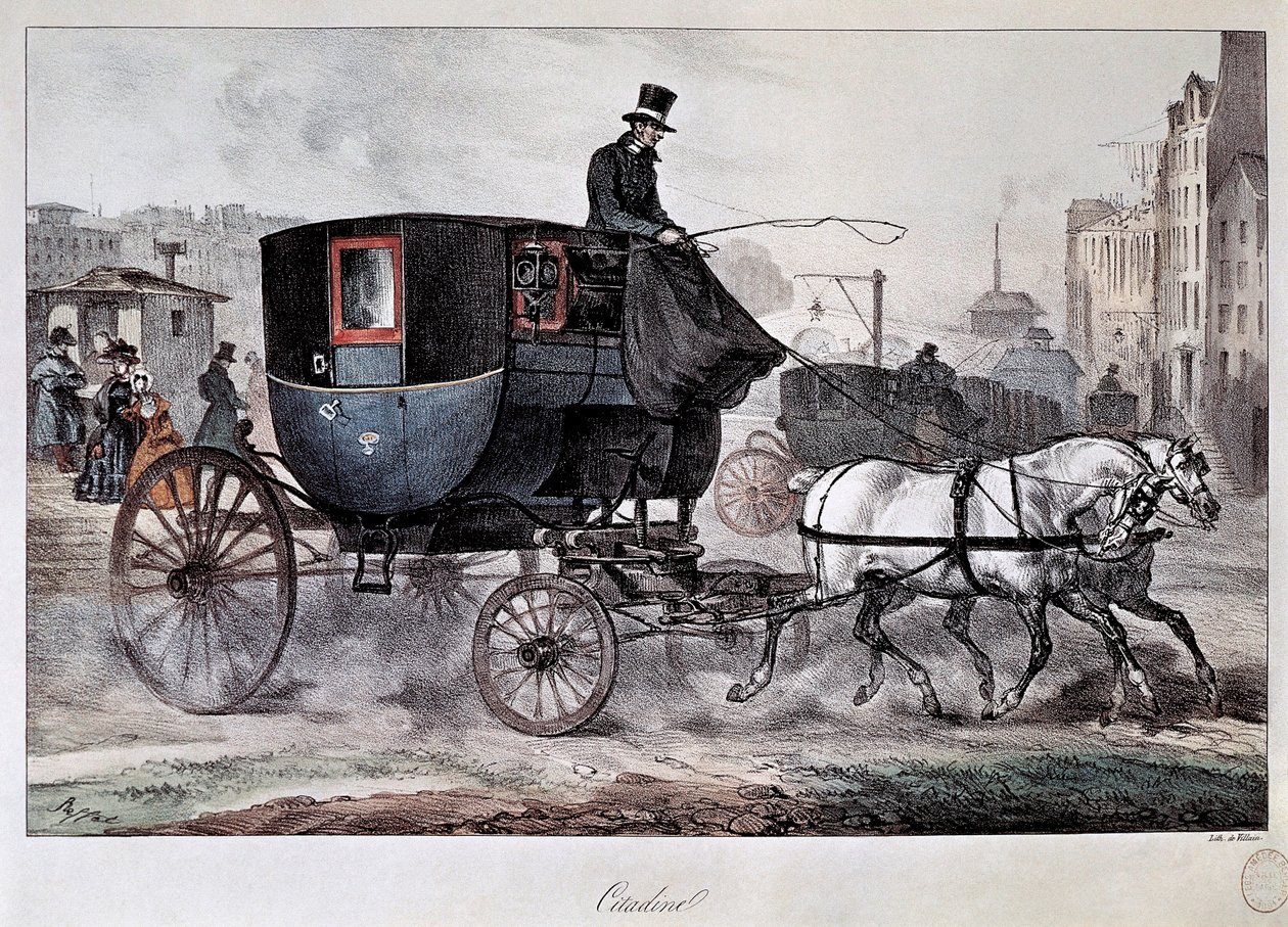 Transport publiczny w XIX wieku: taksówka na ulicach Paryża (kolorowy grawerunek) autorstwa Denis Auguste Marie Raffet