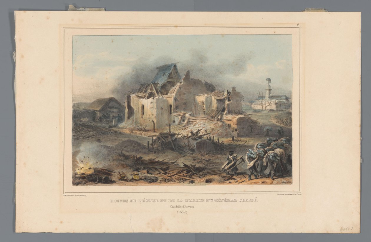 Ruïnes van de kerk in het huis van generalaal Chassé, 1832 Ruiny kościoła i domu generała Chassé (tytuł na obiekcie) Rysunki wykonane z życia podczas oblężenia Cytadeli w Antwerpii przez Raffeta (tytuł serii na obiekcie) autorstwa Denis Auguste Marie Raffet
