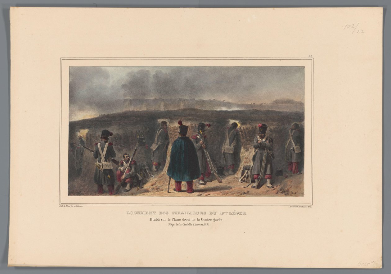 Schutters kupuje borstwering, 1832 Obudowa harcowników XIX światła (tytuł na obiekcie) Rysunki wykonane z życia w siedzibie Cytadeli Antwerpii przez Raffeta (tytuł na obiekcie) autorstwa Denis Auguste Marie Raffet