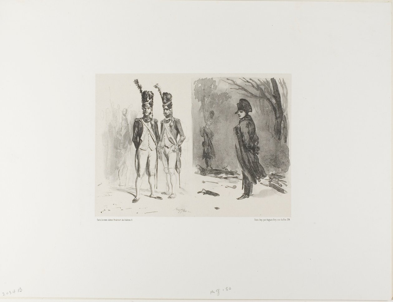 Arkusz ze szkicem (Grenadier gwardii, Napoleon w biwaku) autorstwa Denis Auguste Marie Raffet