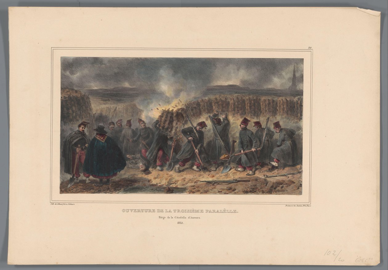 Soldaten graben een loopgraaf, 1832 Otwarcie trzeciego równoleżnika (tytuł na obiekcie) Rysunki wykonane z natury podczas oblężenia Cytadeli w Antwerpii autorstwa Raffeta (tytuł serii na obiekcie) autorstwa Denis Auguste Marie Raffet