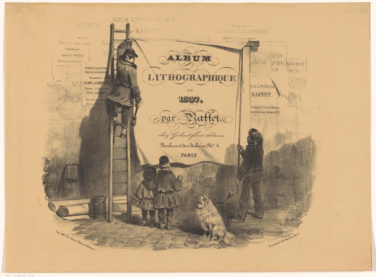 Dwóch mężczyzn przykleja plakat do ściany Album litograficzny z 1837 r. (tytuł serii na obiekcie) autorstwa Denis Auguste Marie Raffet