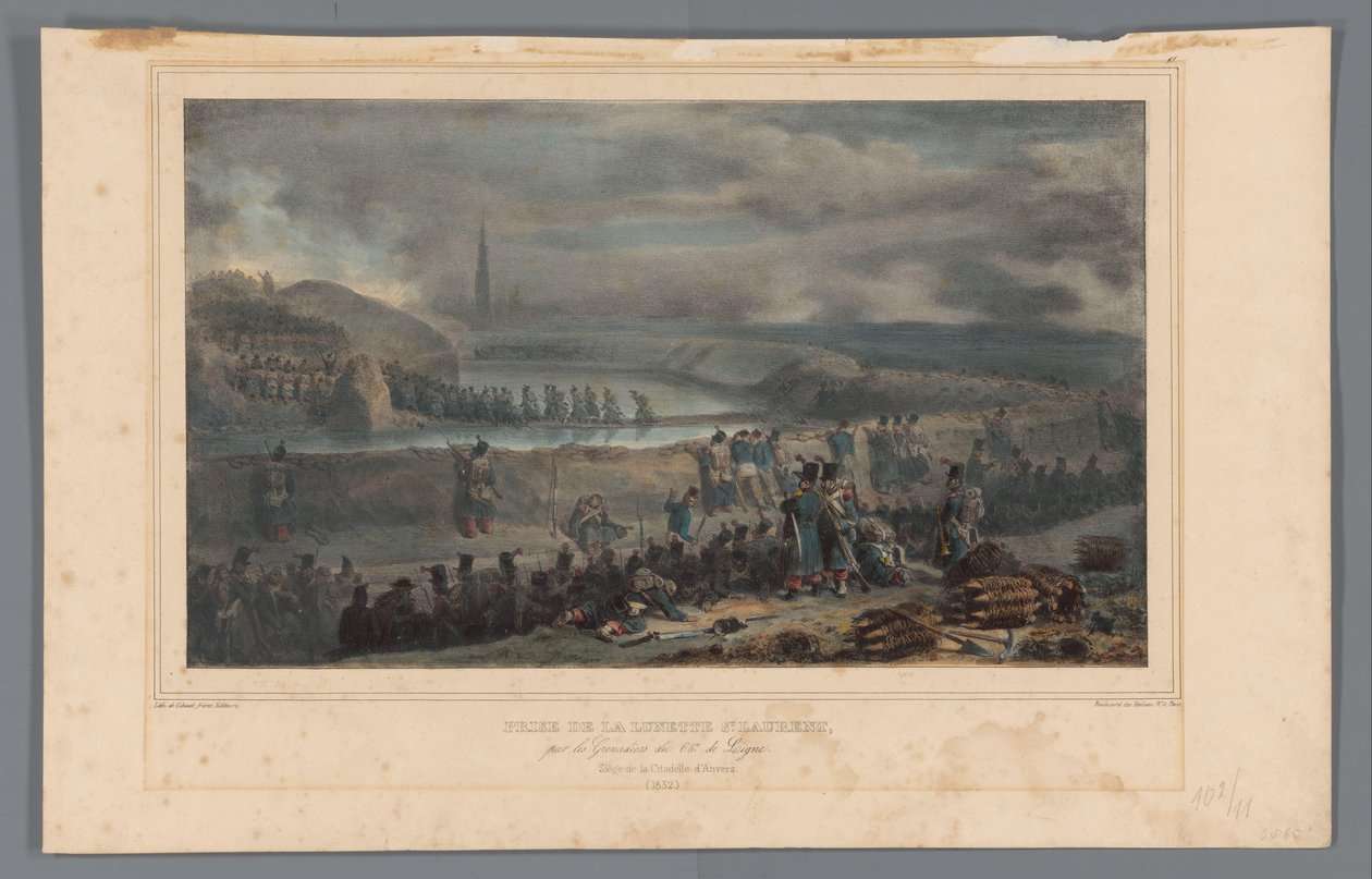 Verovering van de lunetette St. Laurent, 1832 Zajęcie lunety St. Laurent przez Grenadierów 65 Linii (tytuł na obiekcie) Rysunki wykonane z natury podczas oblężenia Cytadeli w Antwerpii autorstwa Raffeta (tytuł serii na obiekcie) autorstwa Denis Auguste Marie Raffet