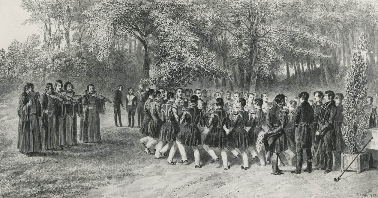 Runda Wołoska, wykonywana przez Tsiganes i tańczona przez muzyków II Pułku w domu księcia Ghiki, Ghospodar, Wołoszczyzna, 1839 autorstwa Denis Auguste Marie Raffet