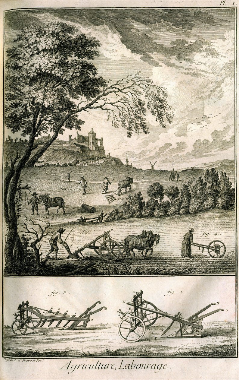 Prace polowe - Rolnictwo, siew, orka. Różne modele walców i pługów: Tabliczka z tomem ilustracji z Encyklopedii Diderota, wydanie oryginalne 1762 autorstwa Denis Diderot