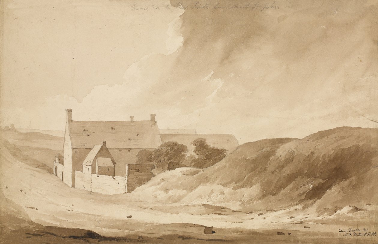 „No 8 Farme de la Haie Sainte z Mount St John”, 1815 (wc i ołówek na papierze) autorstwa Denis Dighton