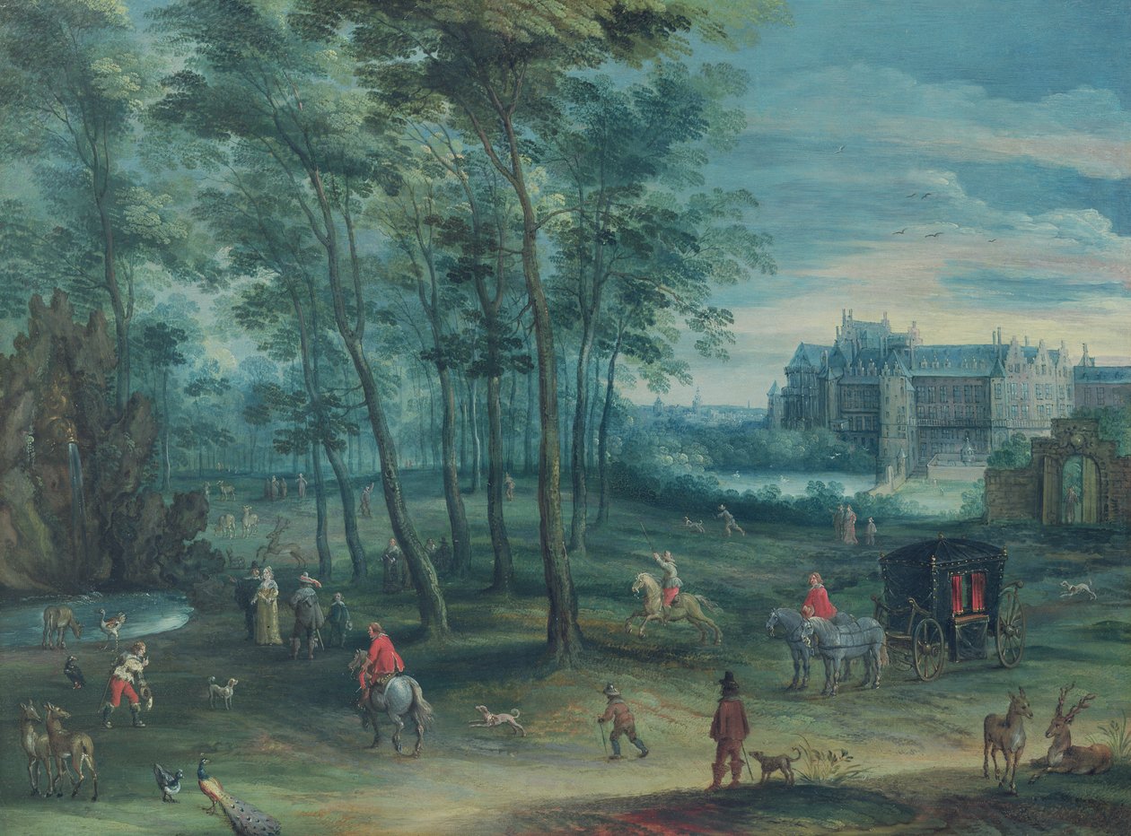Park pałacu wicekróla, Bruksela, z eleganckim towarzystwem przy fontannie, ok. 1600 (olej na miedzi) autorstwa Denys van Alsloot
