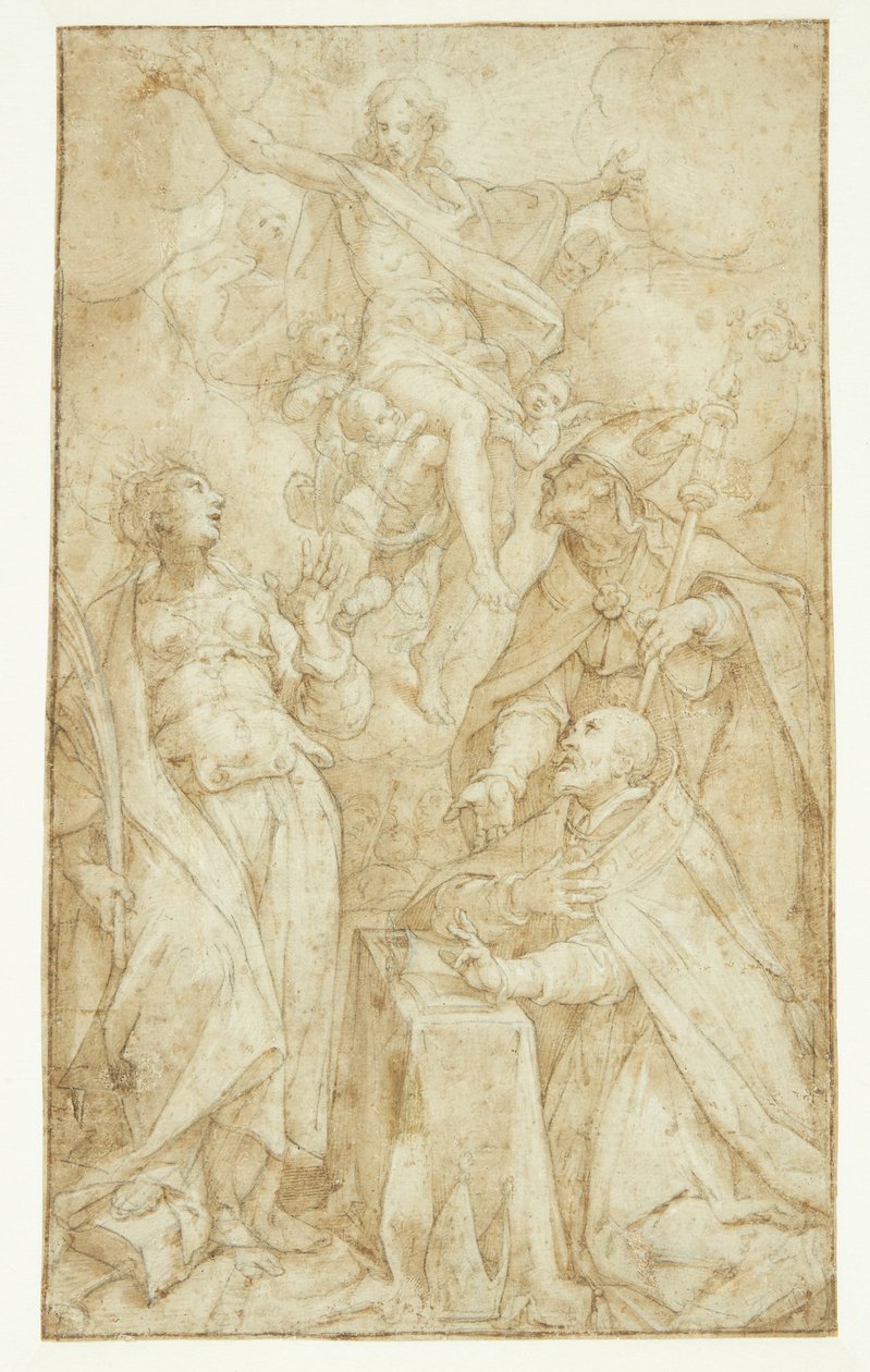 Chrystus w obłokach, niesiony przez anioły, ukazuje się biskupowi przy czytelni, świętemu biskupowi (św. Augustyn?) i Katarzynie Aleksandryjskiej autorstwa Denys Calvaert