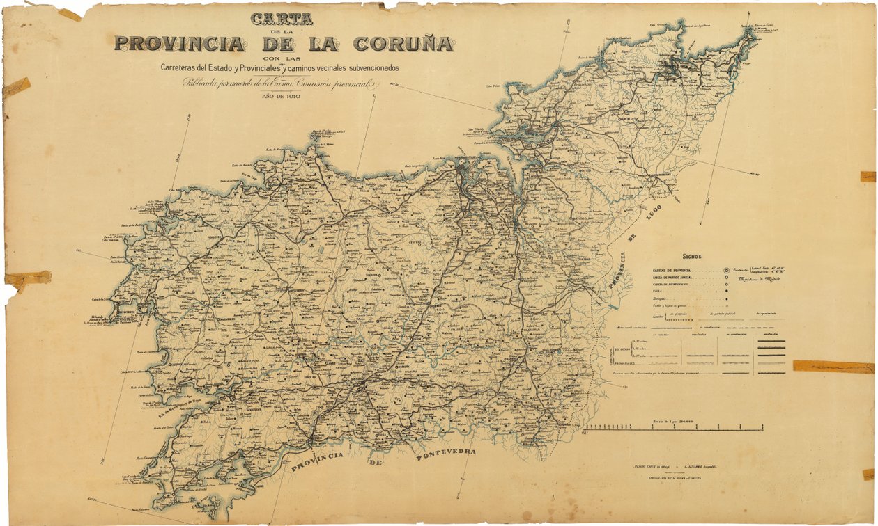 Mapa prowincji A Coruña z drogami państwowymi i wojewódzkimi oraz dotowanymi drogami sąsiedzkimi. Opublikowane za zgodą Ekscelencji. komisja wojewódzka autorstwa Deputación da Coruña