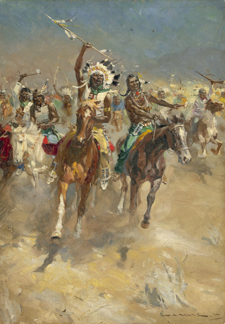 Szarżujący Indianie na koniach (gwasz na papierze) autorstwa Derek Charles Eyles
