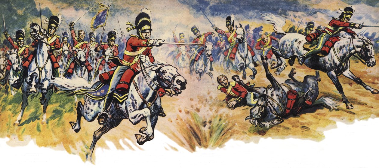 "Into Them, Greys!" Szarża Brygady Kawalerii Unii w bitwie pod Waterloo (kolorowa litografia) autorstwa Derek Charles Eyles
