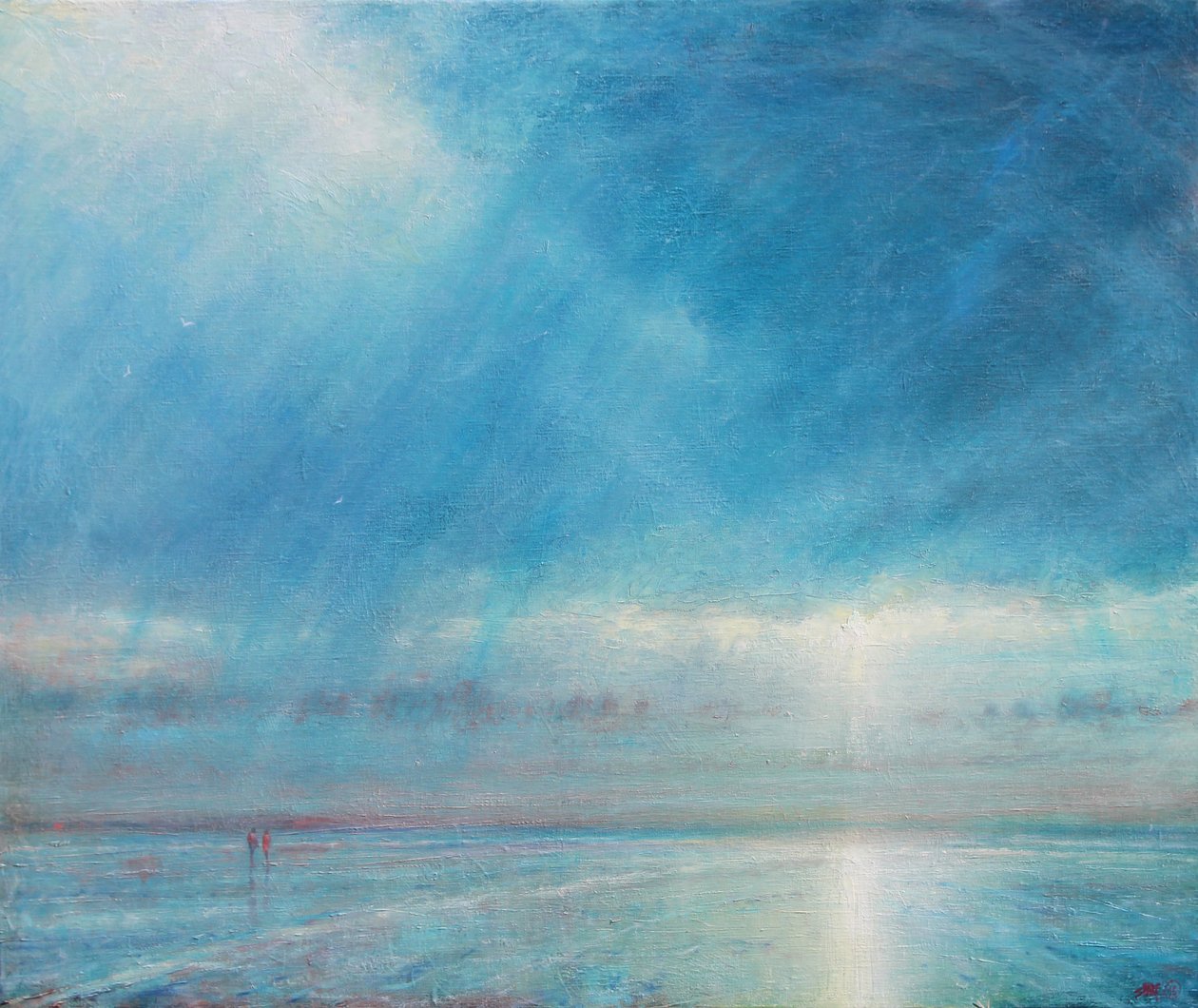 Ulewa nad plażą Holkham, 2018 (olej na płótnie) autorstwa Derek Hare