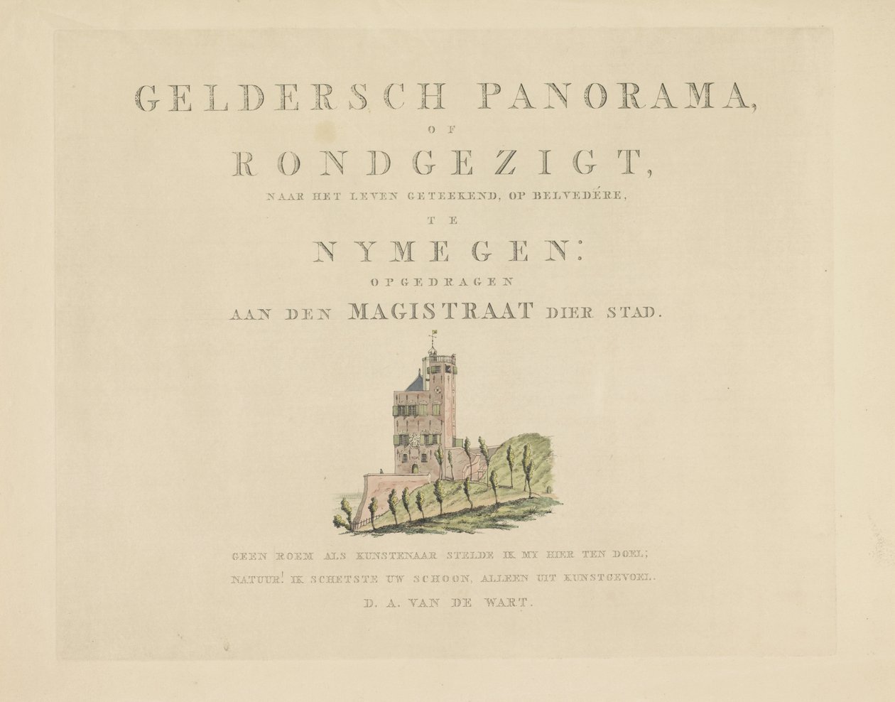 Belweder w Nijmegen Zabytki wokół miasta Nijmegen (tytuł serii) Panorama Geldersch lub okrągły widok życia narysowany na belwederze w Nymegen (tytuł serii na obiekcie) autorstwa Derk Anthony van de Wart