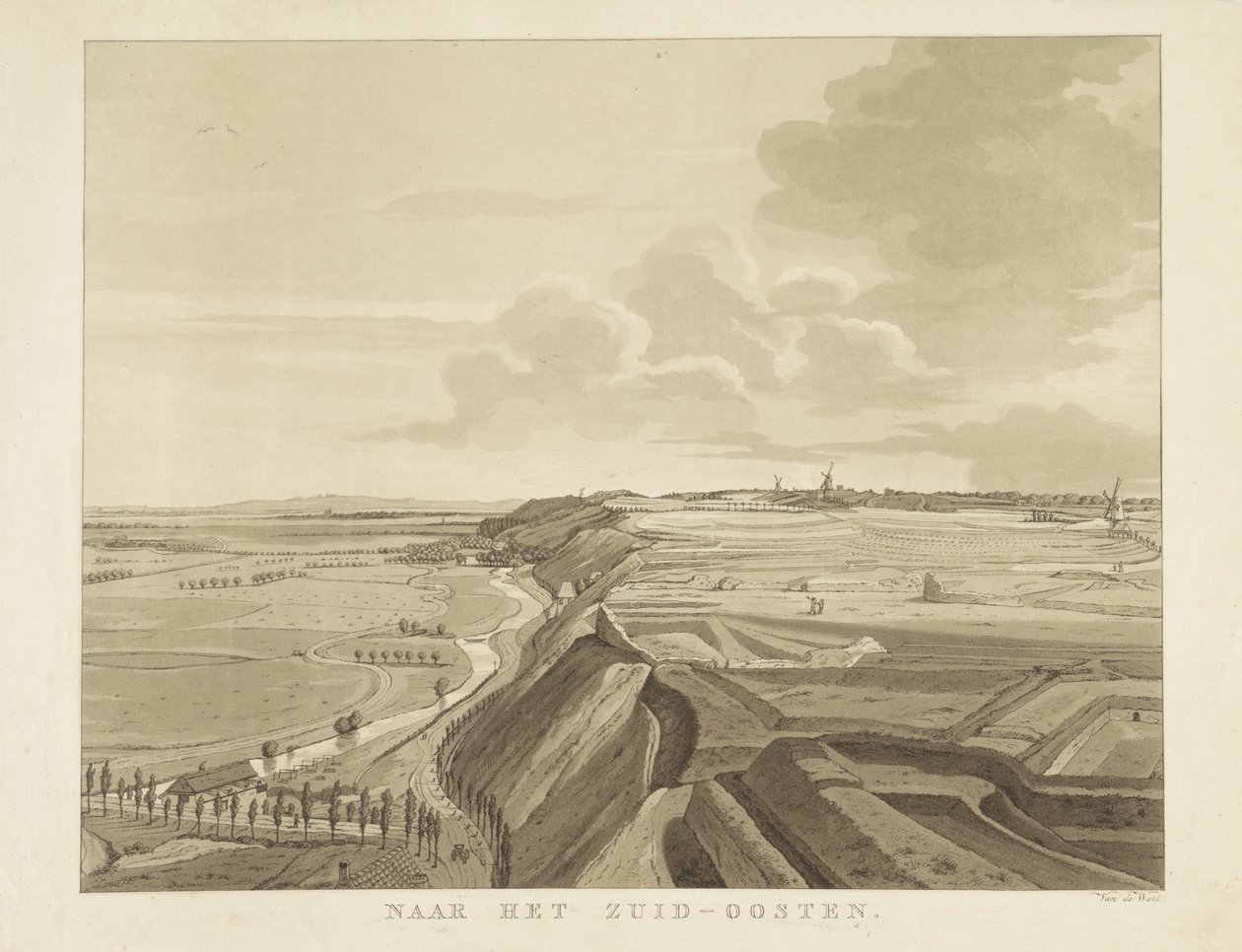 Widok na krajobraz na południowy wschód od Nijmegen Na południowy wschód (tytuł na obiekcie) Zabytki wokół miasta Nijmegen (tytuł serii) Panorama Geldersch lub okrągły widok życia narysowany na belwederze w Nymegen (tytuł serii) autorstwa Derk Anthony van de Wart