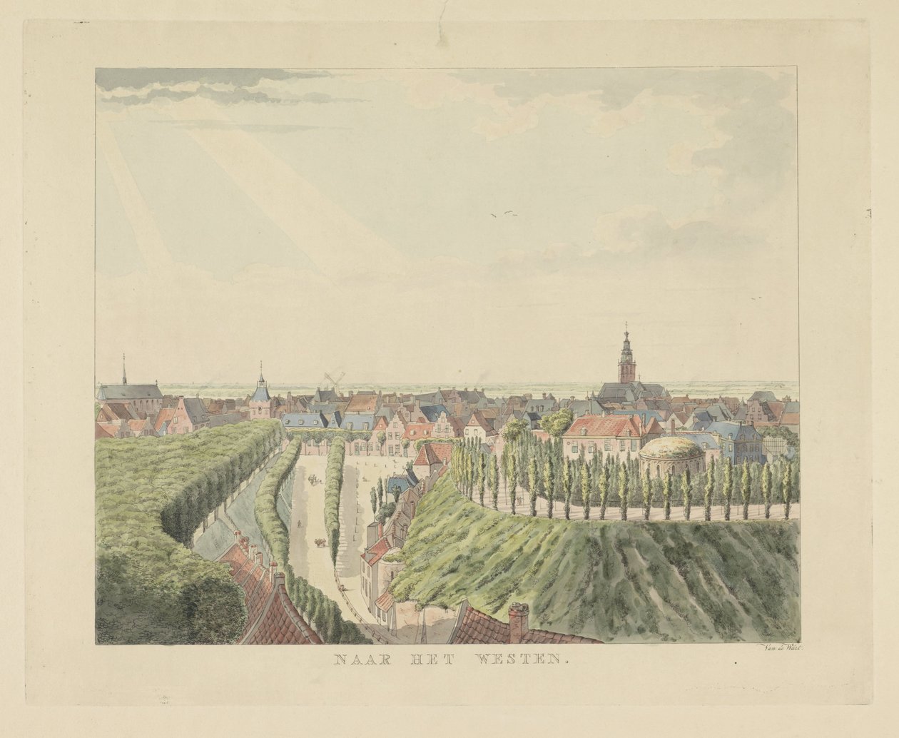 Nijmegen, widok z Belwederu na zachód Na Zachód (tytuł na obiekcie) Zabytki wokół miasta Nijmegen (tytuł serii) Panorama Geldersch lub okrągły widok życia narysowany na belwederze w Nymegen (tytuł serii) autorstwa Derk Anthony van de Wart